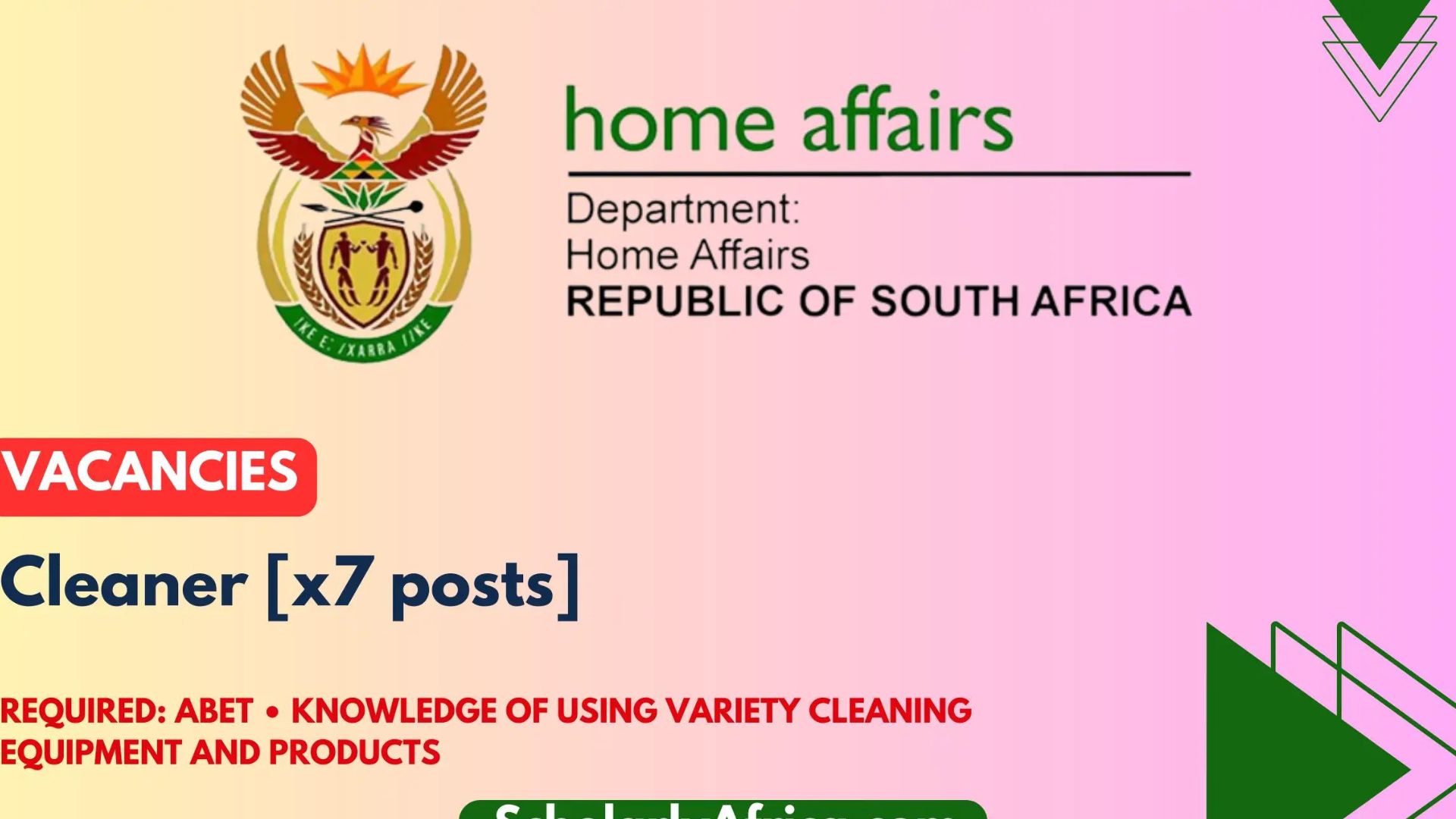 Cleaners x 7 Posts at Home Affairs