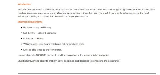 Merchandising Learnership By SETA Stipend is R3000.00