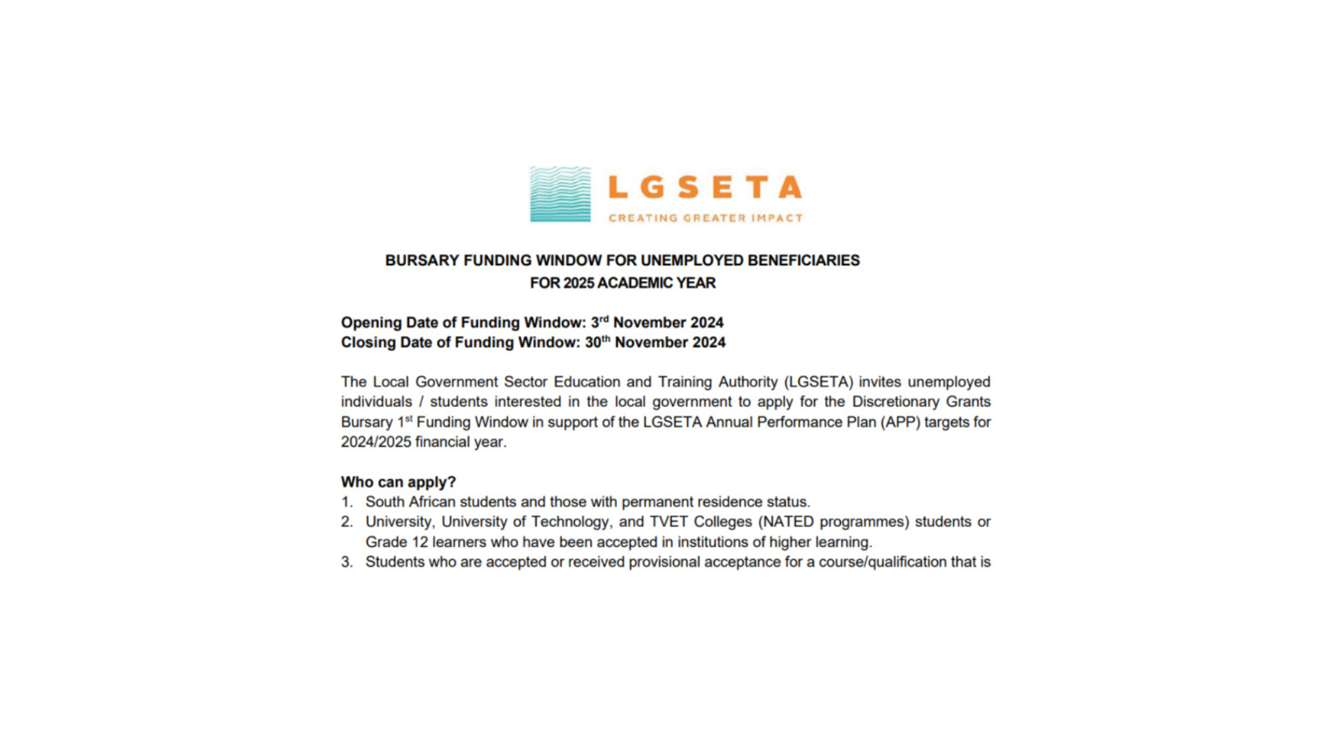 LGSETA Bursary Funding for unemployed beneficiaries for 2025 academic year