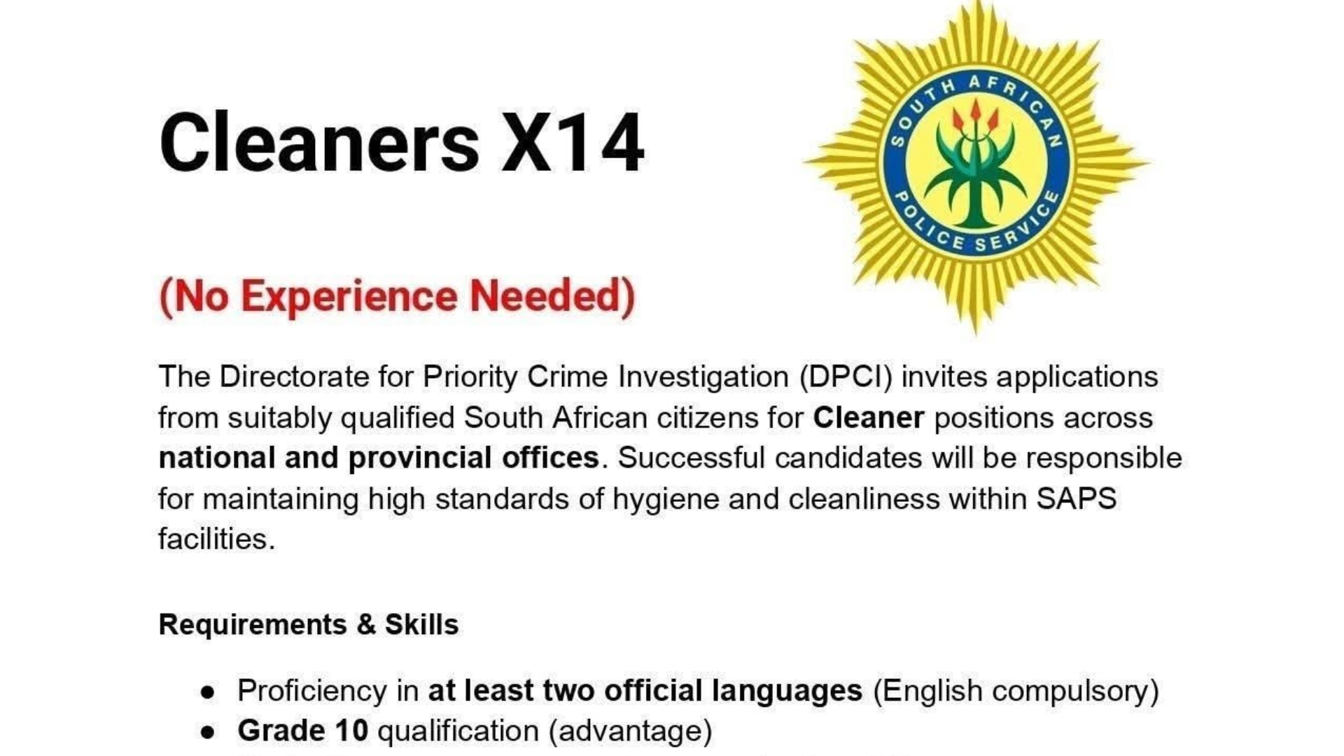 SAPS is hiring Cleaners 2026