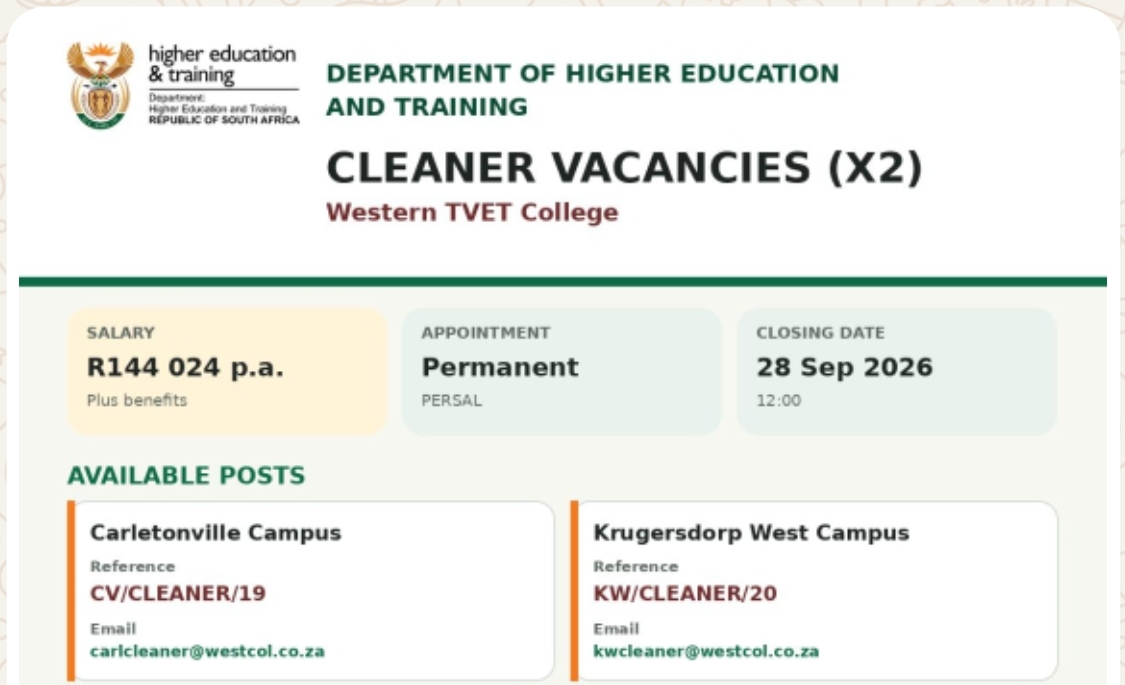 Cleaner Vacancies x2 Grade 10 or ABET Level 4