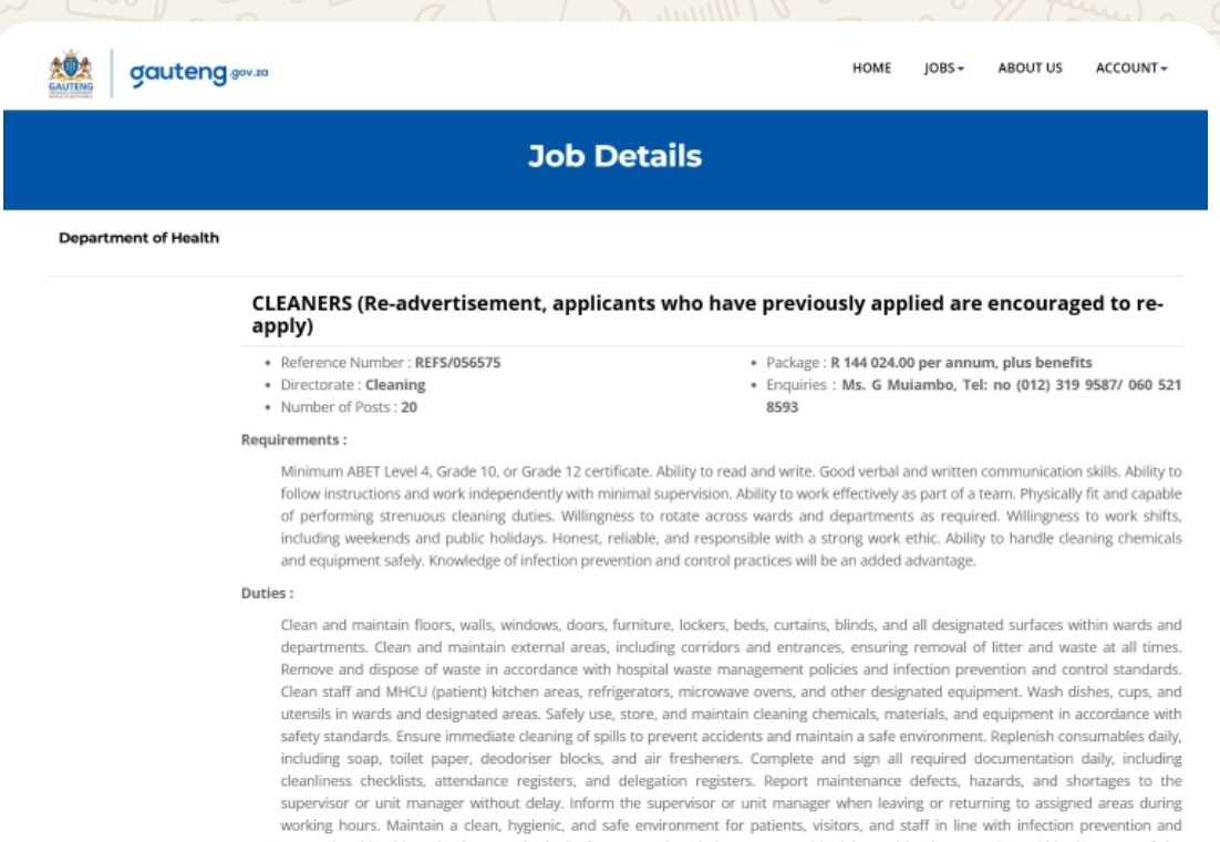Department of Health is hiring Cleaners x20 Have Grade 10 ABET