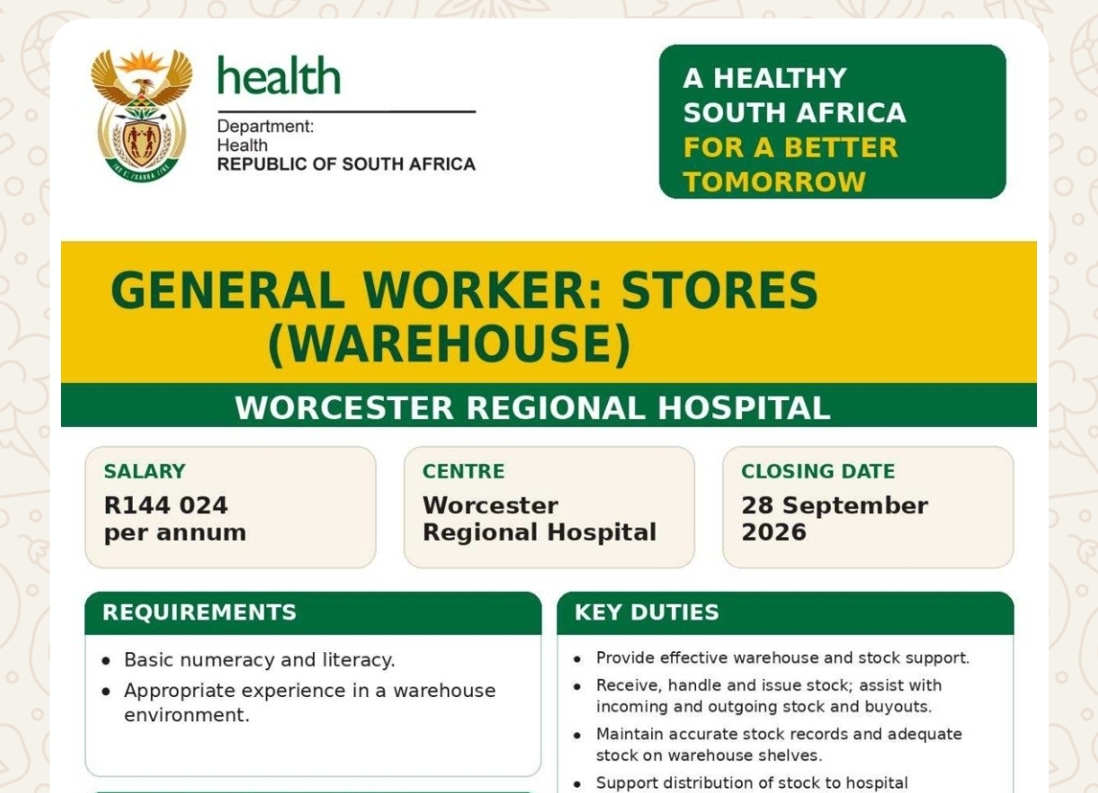 General Worker Stores Warehouse Vacancy at Hospital