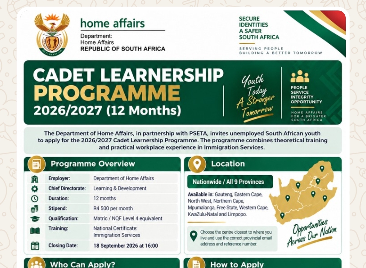 Home Affairs Cadet Learnership Programme 20262027
