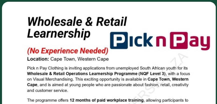 Pick n' Pay Learnerships No Experience Needed