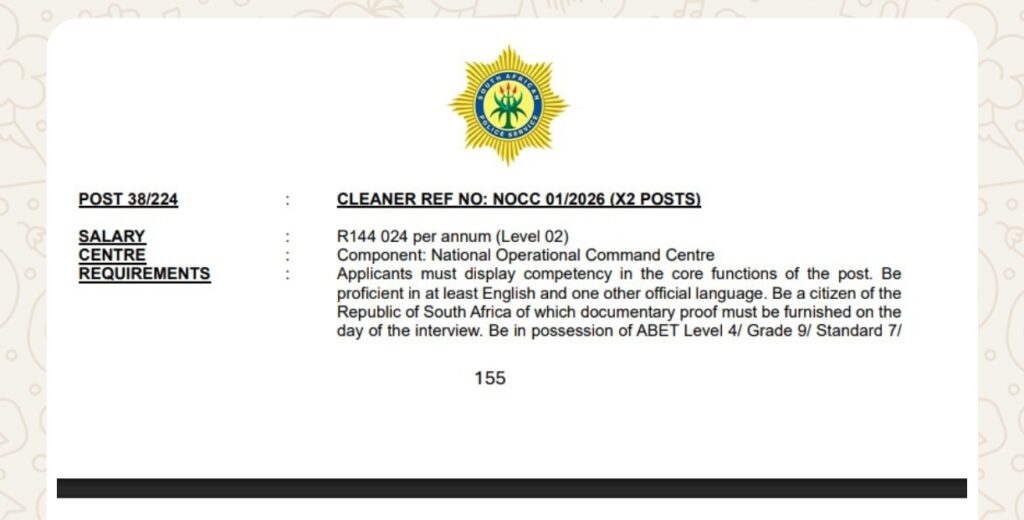 SAPS Cleaner Vacancies Salary R144 024 per annum