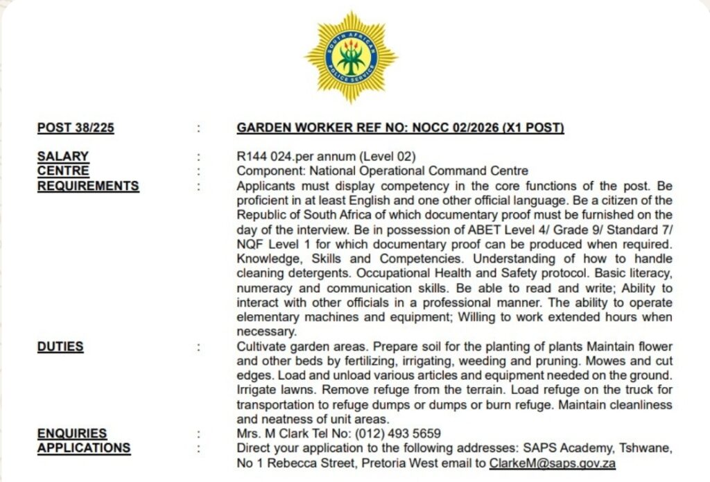SAPS Garden Worker Vacancy 2026