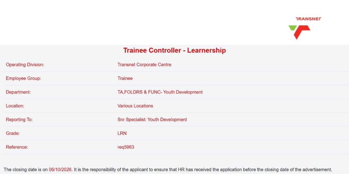 Transnet Trainee Learnerships 2026